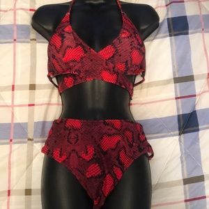 Red snake skin high waist bikini